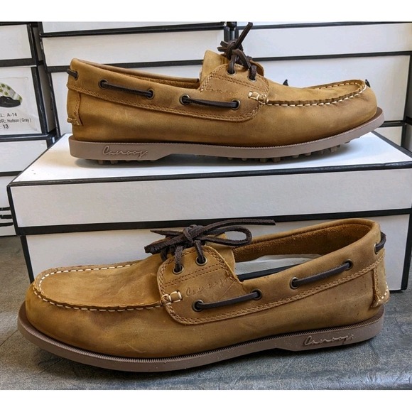 Canoos Other - Canoos 2.0 Golf Shoes Mens 9 Henley Tan Leather Boat Shoe Loafers Rubber Cleats‎
